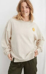 Aerie The Chill Cozy‎ Crew Sweatshirt Women XS Cream Smiley Face Distressed Photo 0