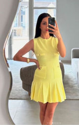 ZARA YELLOW PLEATED MINI KNIT DRESS WITH GOLD BUTTON DETAILS Size XS Photo 0