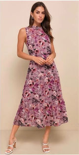 Lulus NWT Cottagecore Purple Floral Midi Dress Sleeveless Chiffon M Romantic Photo 0