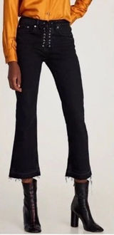 Zara Black High Rise Lace Up Fly Kick Out Crop Released Raw Hem Flare Jeans Photo 0