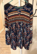 Entro Navy Blue Boho Floral Paisley Bell Sleeve Lace Accent Tunic Top Dress L Photo 0