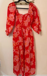 Karlie Red Pink Combo Floral Smocked Midi Dress S Photo 0