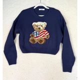 Women's Teddy Bear Flag Graphic M Sweater Red White Blue USA Americana Photo 0