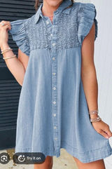 Entro Light Blue Denim Mini Dress with Puff Sleeves Medium Photo 0