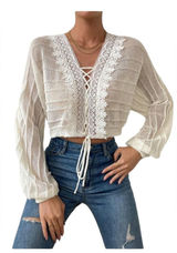 SheIn Boho Cream Lightweight Long Sleeve Top Lace Up Gauze With Crochet Trim Sz L Photo 0