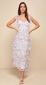 Lulu’s Endlessly Gorgeous Burnout Tie-Strap Midi Dress in White Pink Floral XL Photo 0