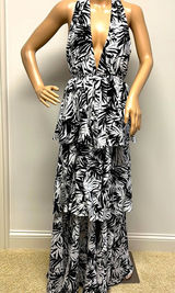Lulus Black & White Plunging V Neck Halter Ruffled Tier Maxi Long Dress size S Photo 0