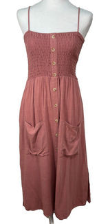 One Clothing Smocked Sundress Womens L Pink Button Up Linen Blend Boho Cottage Photo 0