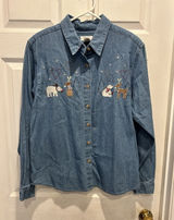 Christopher & Banks Womens‎ Large Blue Denim Embroidered Christmas Winter Shirt Photo 0