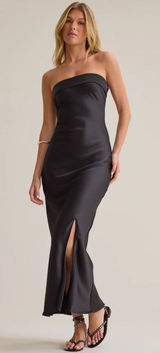 Altar’d State Paityn Strapless Maxi Dress Black Satin Formal Elegant Wedding Photo 0