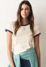Marine Layer Lexi Rib Ringer Tee Cream & Bay Blue Size Large Photo 0