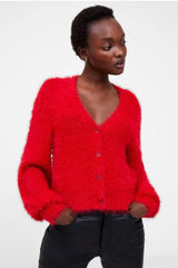 French Connection Fluffy Eyelash V-Neck Button Cardigan - Red Photo 0