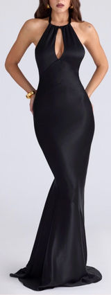 NEW House of CB Oliviana Halter cutout Black Satin Maxi gown sz XS Photo 0