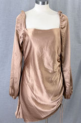 NWT Emory Park Bronze‎ Satin Ruched Mini Dress Square Neck Long Sleeve L Photo 0