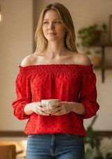 Tommy Hilfiger Red Polka Dot Off The Shoulder‎ Smocked Blouse Top Womens Large Photo 0