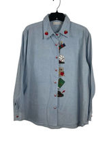 90s Teacher Embroidered School Theme Dressbarn Blue Button Up Long Sleeve Top L Photo 0