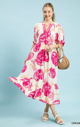 Umgee Floral Print Midi Dress with Contrast Trim - Cream - Small Photo 0