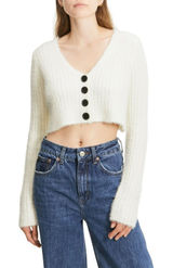 BDG Urban Outfitters Ivory Fuzzy‎ Cropped V-Neck Cardigan Sweater XS Photo 0