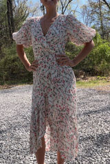 MINKPINK White Ruffle Midi Faux Wrap Dress with Pink & Green Floral Size XS Photo 0
