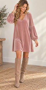Madewell XS Dusty Rose Pink Velvet Mini Shift Dress V Neck Balloon Sleeve Photo 0