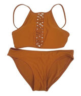 Aerie Bikini Set Women S/XS Burnt Orange Macrame High Neck High Waist Swimwear Photo 0