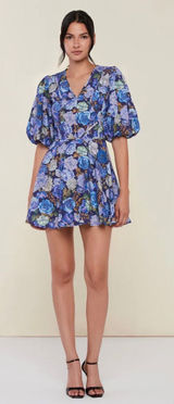 Rachel Parcell Floral Linen Blend V-Neck‎ Puff Sleeve Mini Dress size 14 Photo 0