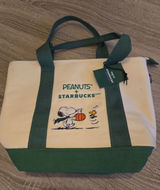 Starbucks Peanuts Snoopy Woodstock Canvas Tote Bag Green Cream Pumpkin NWT Photo 0