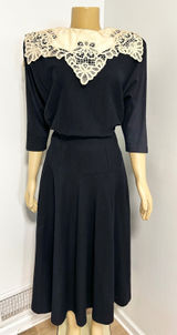Nancy Johnson Vintage Black Midi Dress Detachable Cream Lace Collar Medium USA Photo 0