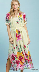 Umgee Mix Floral Border Print Midi Dress - Ecru mix - Large Photo 0