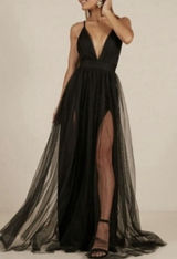 Black Tulle Maxi Dress Plunge Halter Open Back Slit Prom Evening Luxxel S NWT Photo 0
