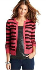Ann Taylor LOFT Womens Sweater Sz XS Striped‎ Crewneck Cardigan Pink Chocolate Photo 0