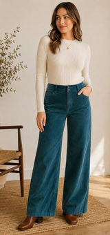 Faherty Stretch Cord Wide Leg Pants 27 Teal Green Organic Cotton Corduroy Photo 0
