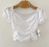 Jolie & Joy‎ Eyelet Crop Top Small White Ruched Puff Sleeve Smocked Sweetheart Photo 0
