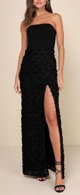 Lulus Ravishing Appeal Maxi Dress Womens Small Black Floral Applique Front Slit Photo 0