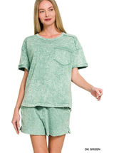 Zenana Halo Snow Washed Exposed Seam Top &‎ Shorts Set - Large Photo 0