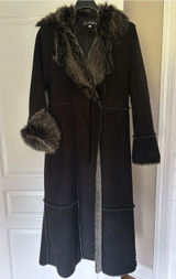 Vintage Platinum utex Black Faux-Fur Trim Long Trench Warm Coat Sz L Photo 0