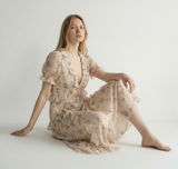 Storia Floral Ruffle Maxi Dress Cream Pink Dobby Puff Sleeve Large NWT Photo 0