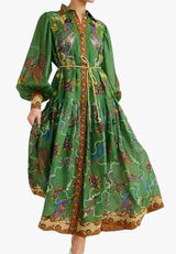 Women Dress A-Line Retro Printed Lantern Sleeve Long Dress with Belt small Photo 0