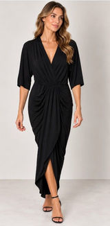 Dress Day Dress Womens L Black Ruched Wrap V Neck Half Sleeve Maxi Formal Photo 0
