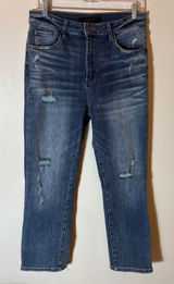 Risen Los Angeles Distressed Straight Leg Jeans Medium‎ Wash Raw Hem Size 29/9 Photo 0