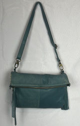 Lucky Brand Teal Leather Foldover Crossbody Hobo Bag Boho Fringe Distressed Photo 0