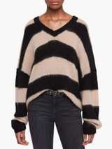 AllSaints Lou‎ Stripe Wool Blend Alpaca V-Neck Jumper Sweater Womens L Oversized Photo 0