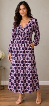 Electric & Rose Purple Geometric Floral V-Neck Smocked Maxi Dress Pockets L Photo 0