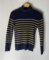 RALPH‎ LAUREN Navy Blue Gold Metallic Stripe Cotton Blend Logo Ribbed Sweater S Photo 0