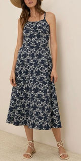 PACT Organic Cotton Fit Flare Midi Dress Size Large Navy Floral Shelf Bra Knit Photo 0