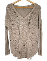 Free People Taupe Cable Knit V-Neck Sweater Distressed Hem Oversized Size XS Photo 0