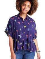 Maeve Anthropologie Navy Butterfly Print Peplum Button Down Top Large Photo 0