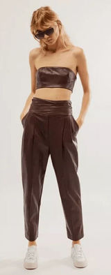Free People Walnut Brown Faux Leather Pants Bandeau Set Size 8 NWOT Photo 0