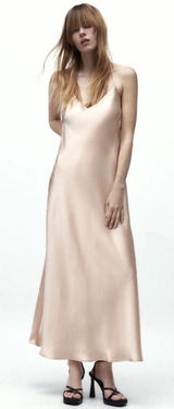 Zara Champagne Satin Maxi Slip Dress Cross Back V-Neck Sleeveless Pink Beige XS Photo 0