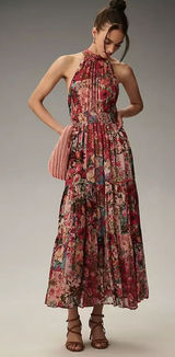 Anthropologie Floral Halter Tiered Maxi Dress in Pink and Red Photo 0